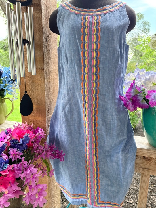 Talbots Dresses & Skirts - Talbots Blue Linen Sleeveless Sheath Dress w Multi-Color Embroidered Trim